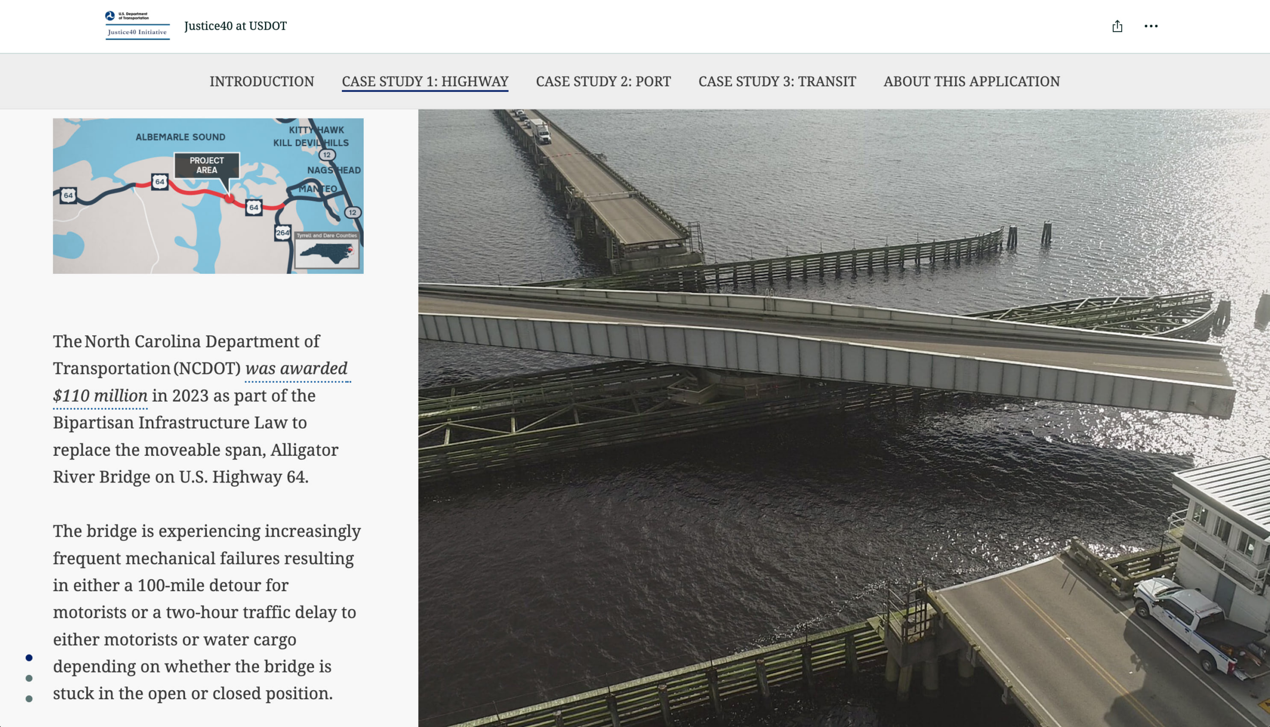 A screenshot from the U.S. Department of Transportation's Justice40 story showing a sidecar with a photograph of a bridge under construction.